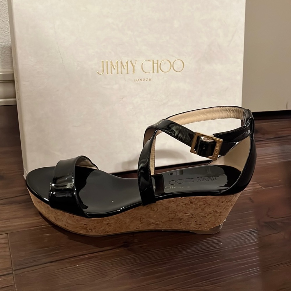Jimmy Choo Portia 70 Black Patent Leather Wedge Sandals. Size 8.